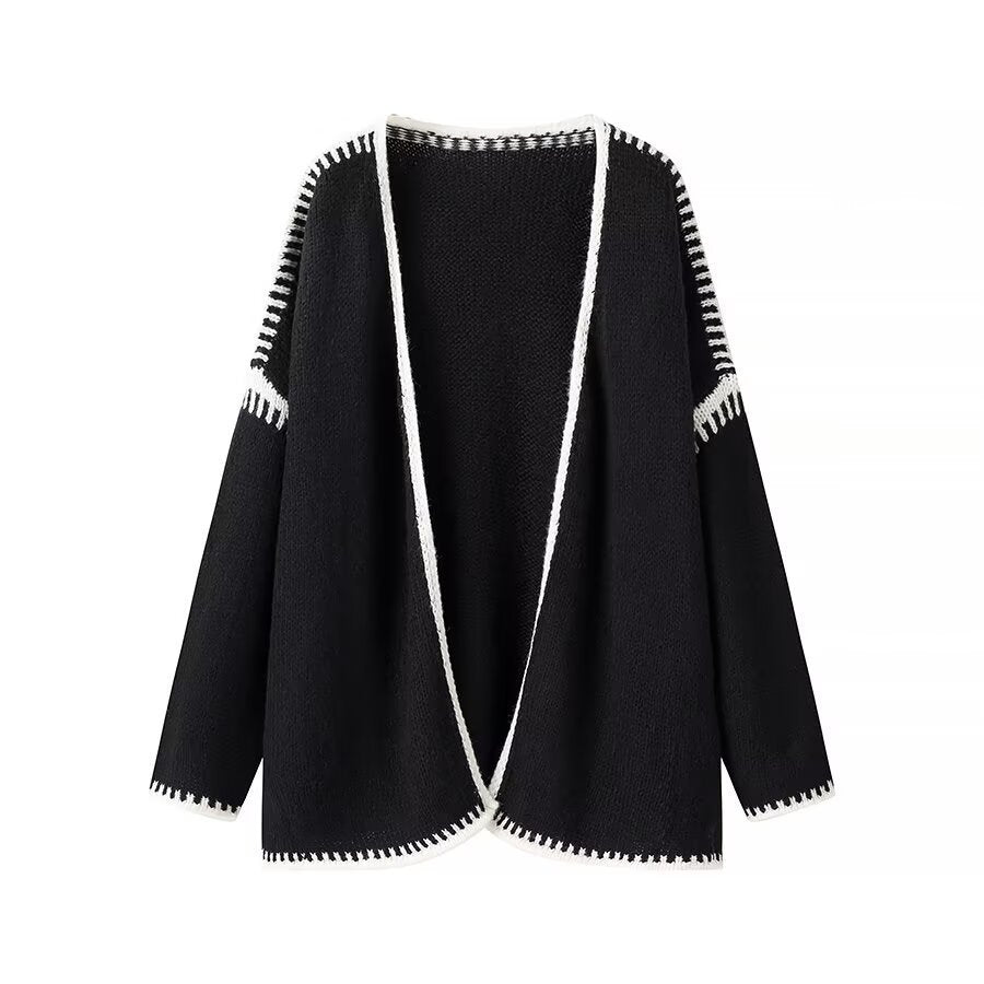 Women's Oversized Cardigan with Contrasting Crochet Edge and Dropped Shoulder Mune Fashion
