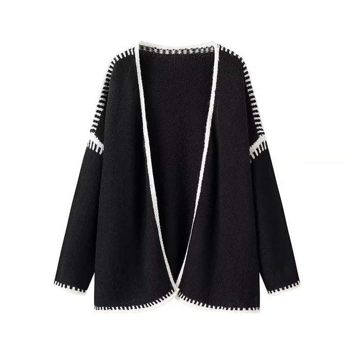 Women's Oversized Cardigan with Contrasting Crochet Edge and Dropped Shoulder Mune Fashion