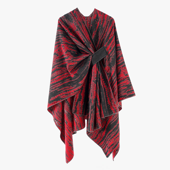 Ladies Jacquard cape cover-up with structured wave pattern, tie belt and asymmetrical hemline Mune Fashion