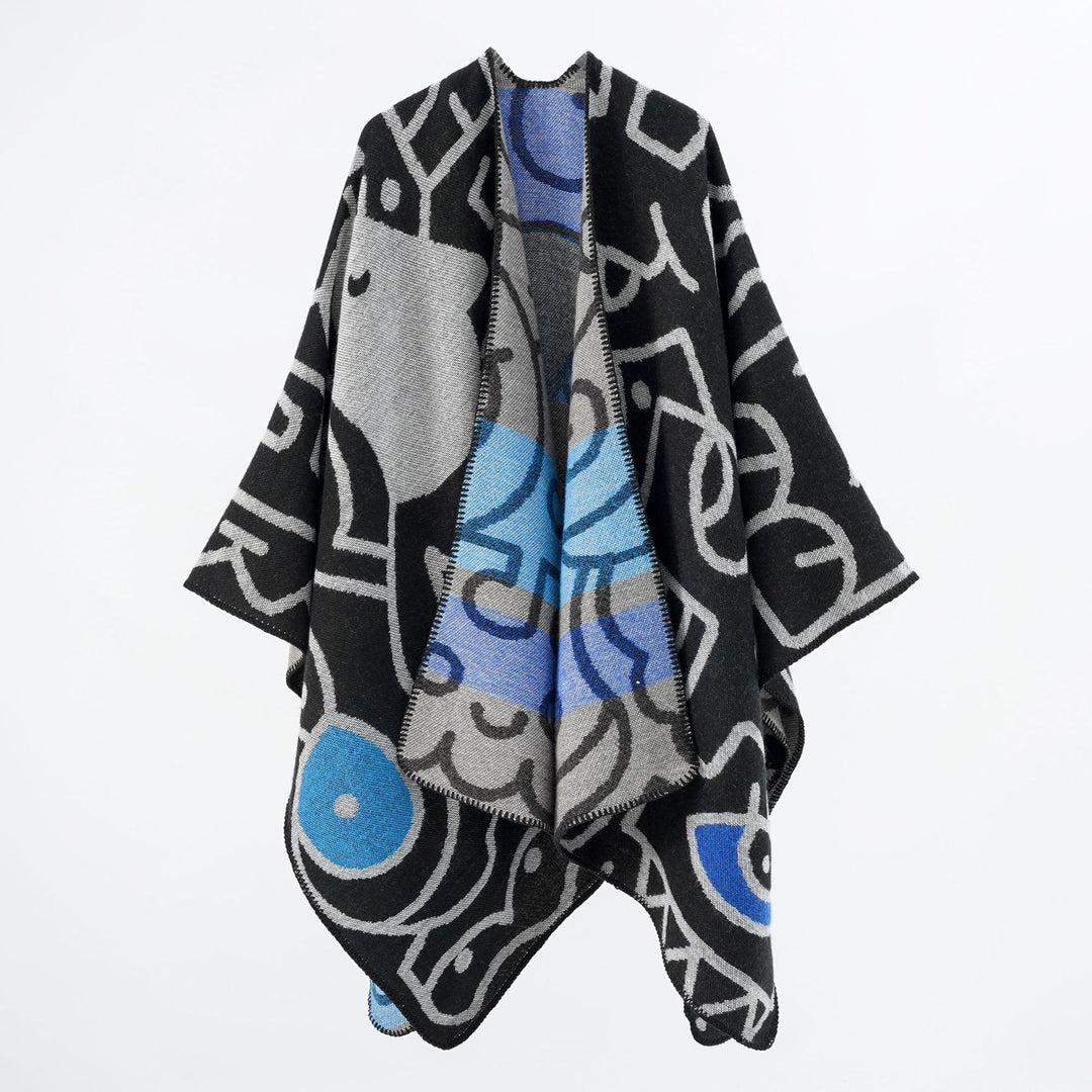 Women's Reversible Knit Poncho in Cozy Cape with Graphic Jacquard Pattern