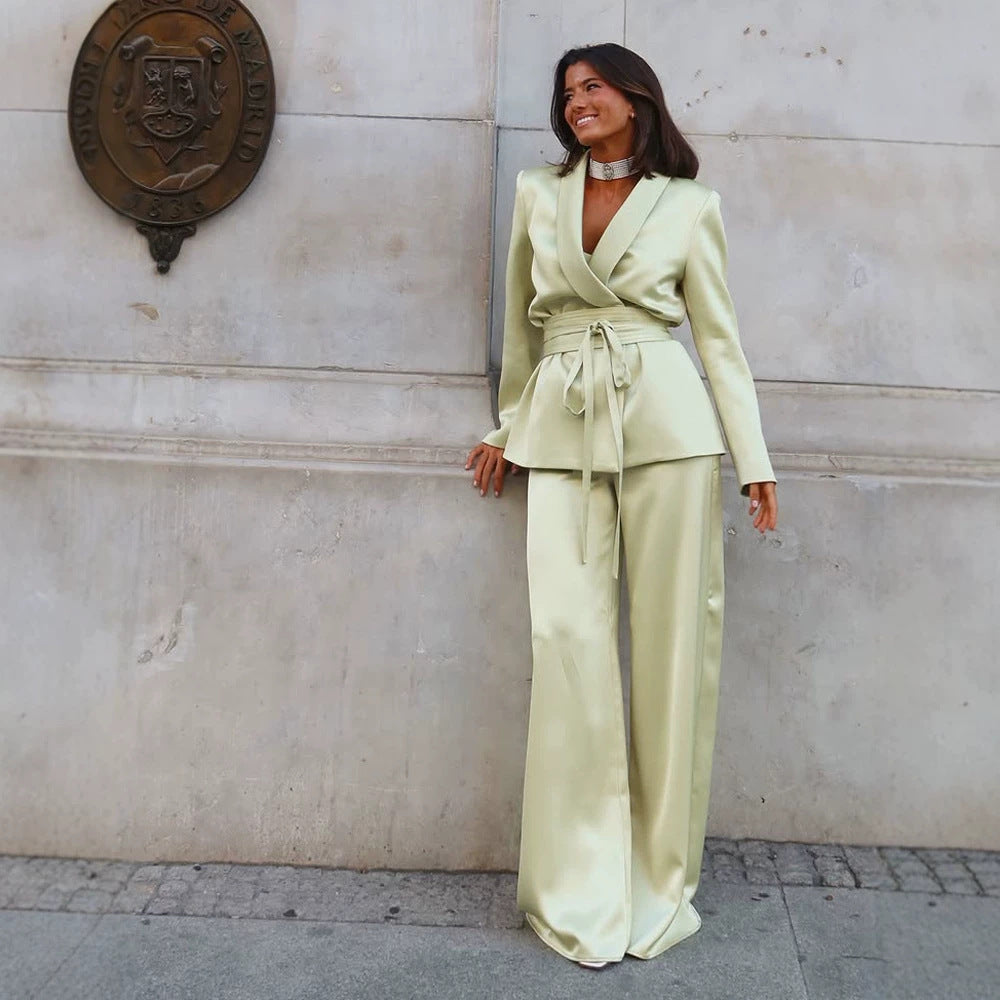 Women's Satin Two-Piece with Fitted Wrap Blazer and Wide Palazzo Pants Mune Fashion