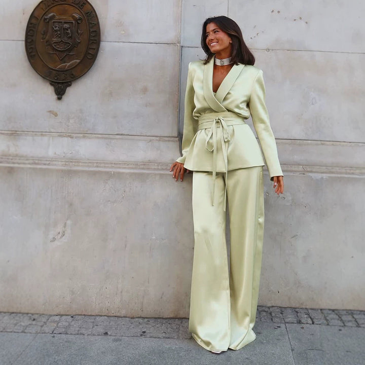 Women's Satin Two-Piece with Fitted Wrap Blazer and Wide Palazzo Pants Mune Fashion