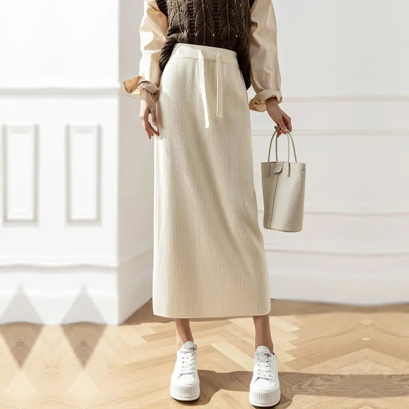 Ladies Elegant Ribbed Midi Skirt with Ties Mune Fashion