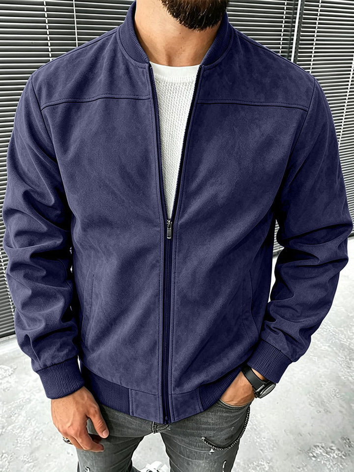 Men's Suede-Like Bomber Jacket with Zipper and Ribbed Cuffs Mune Fashion