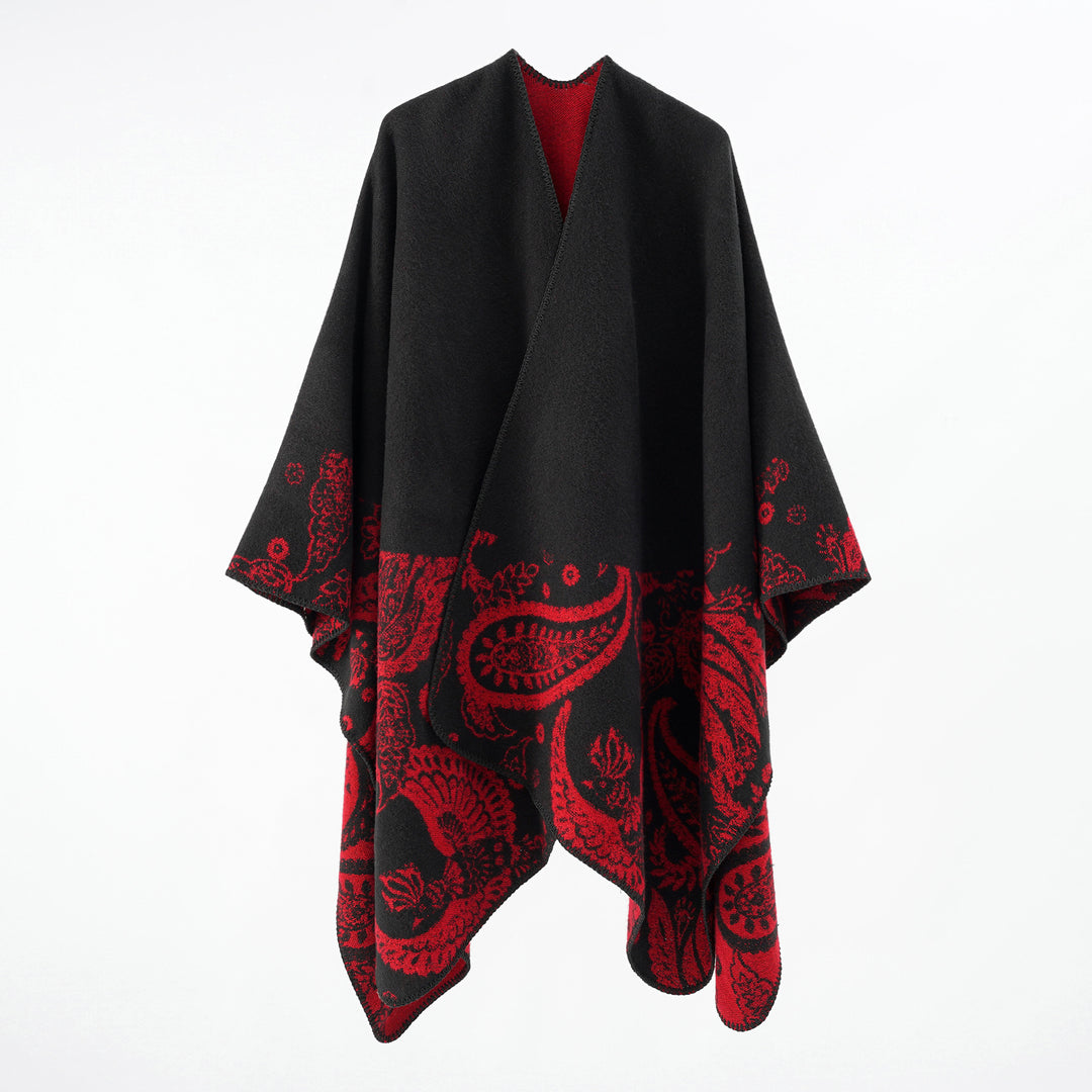 Women's wool blend reversible cape with paisley jacquard and open V-neck Mune Fashion