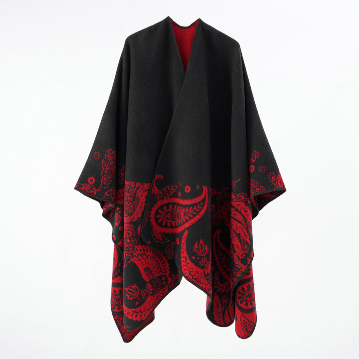 Women's wool blend reversible cape with paisley jacquard and open V-neck Mune Fashion