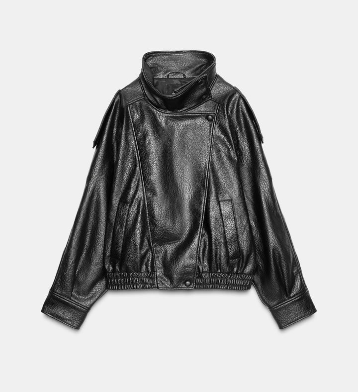 Men's short-cut leather jacket with high stand-up collar and ribbed hem Mune Fashion