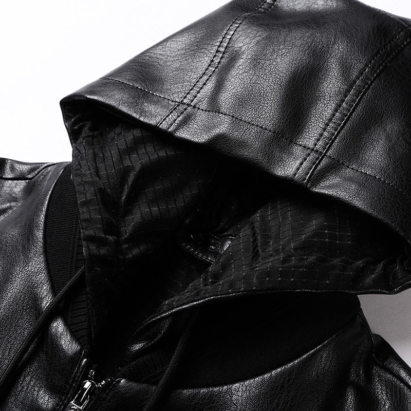 Men's Hooded Imitation Leather Blouson with Zipper and Elastic Cuffs Mune Fashion