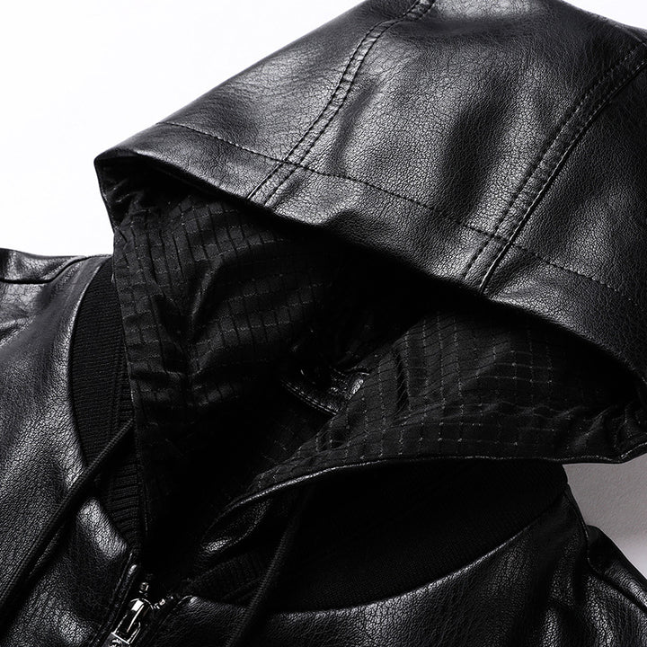 Men's Hooded Imitation Leather Blouson with Zipper and Elastic Cuffs Mune Fashion