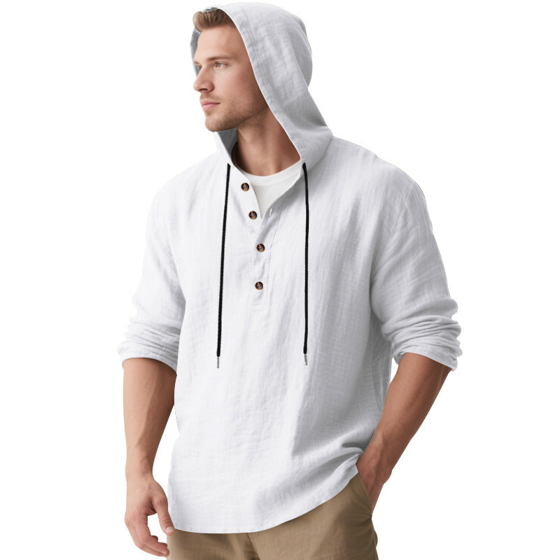 Men's Casual Hooded Henley Linen Blend Overshirt with Drawstring Mune Fashion