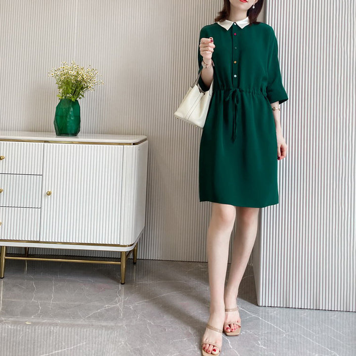 Women Casual Midi Dress with Contrasting Collar Mune Fashion
