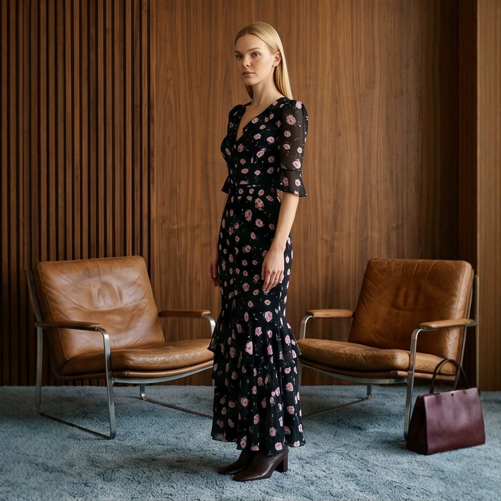 Women Tailored Chiffon Midi Dress with V-Neck, Three-Quarter Sleeves and Tiered Ruffles