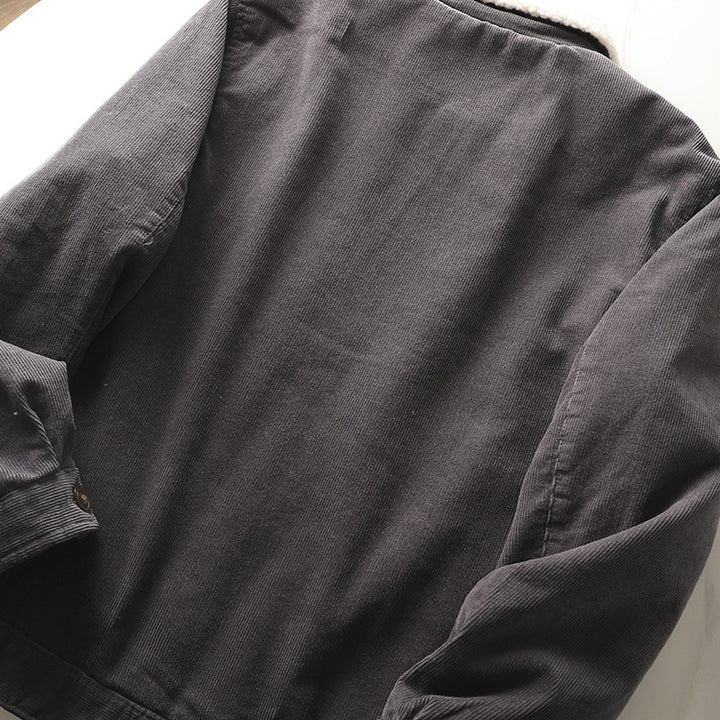 Men's non-padded cord jacket with teddy collar, button placket and patch pockets.