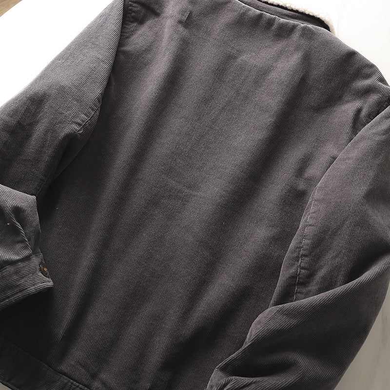 Men's non-padded cord jacket with teddy collar, button placket and patch pockets.