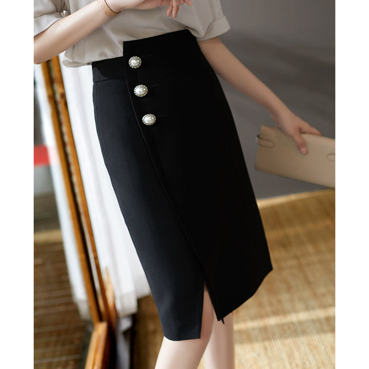 Ladies Figure-hugging Pencil Skirt with Button Details Mune Fashion