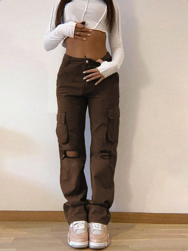 Women's cargo jeans with high waist, straight leg, knee rips, and patch cargo pockets Mune Fashion