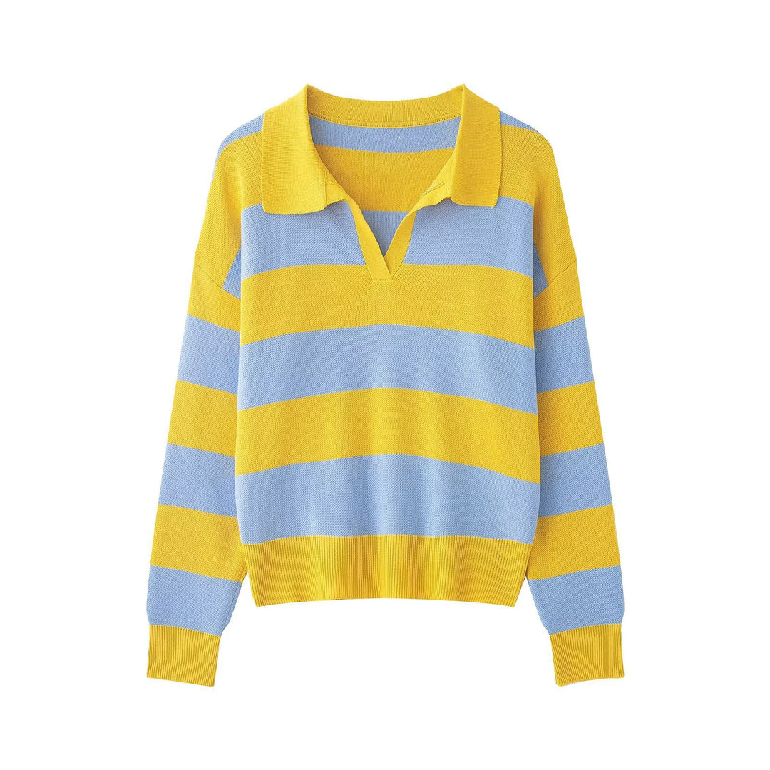 Women Striped Rugby Polo Sweater with V-Notch and Cropped Hem Mune Fashion