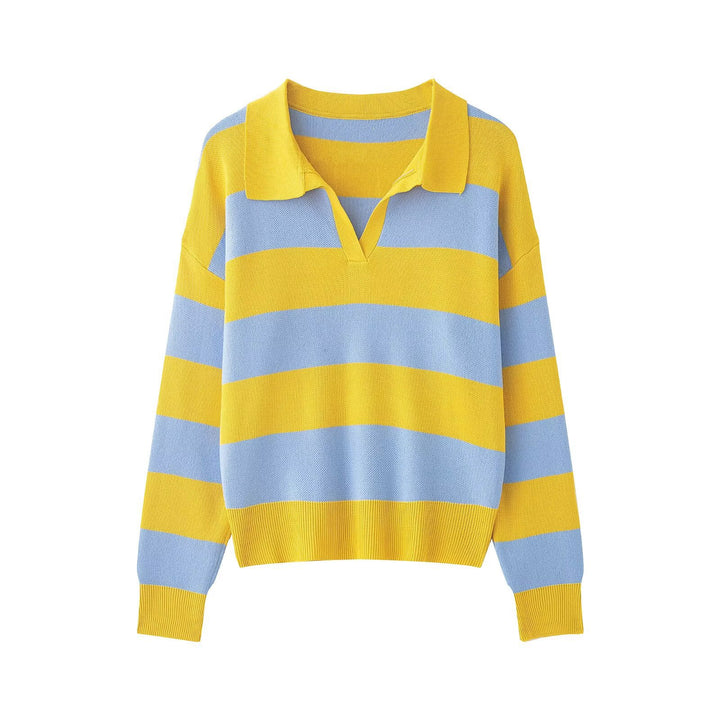 Women Striped Rugby Polo Sweater with V-Notch and Cropped Hem Mune Fashion
