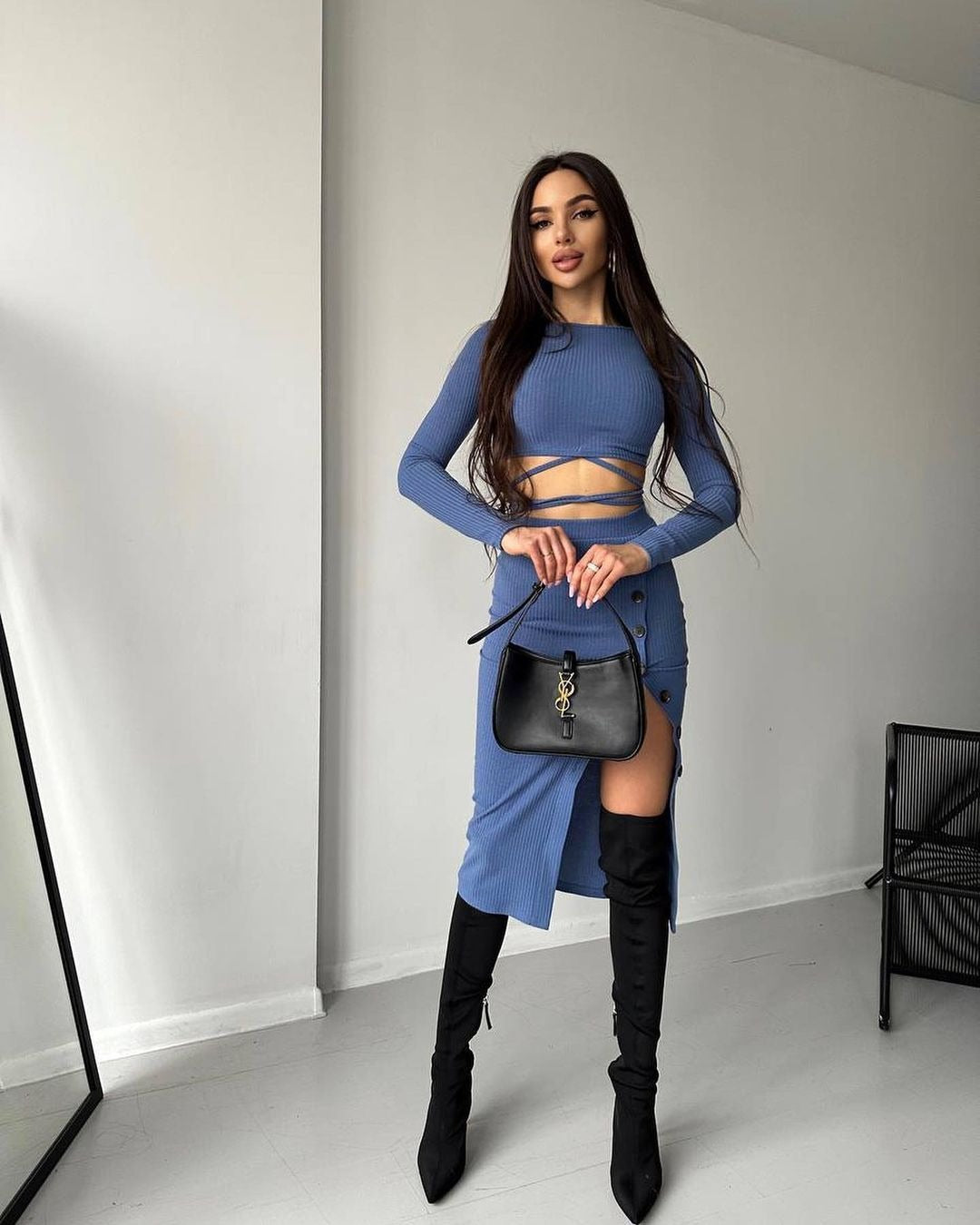 Women Ribbed Two-Piece Set with Cropped Long Sleeve Top, Wrap Band and Waist Highlighting Button Midi Skirt Mune Fashion