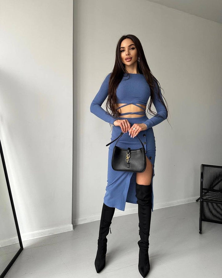 Women Ribbed Two-Piece Set with Cropped Long Sleeve Top, Wrap Band and Waist Highlighting Button Midi Skirt Mune Fashion