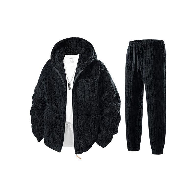 Men's Sherpa-Fleece Set with Hooded Jacket, Zipper, and Elastic Jogging Pants Mune Fashion