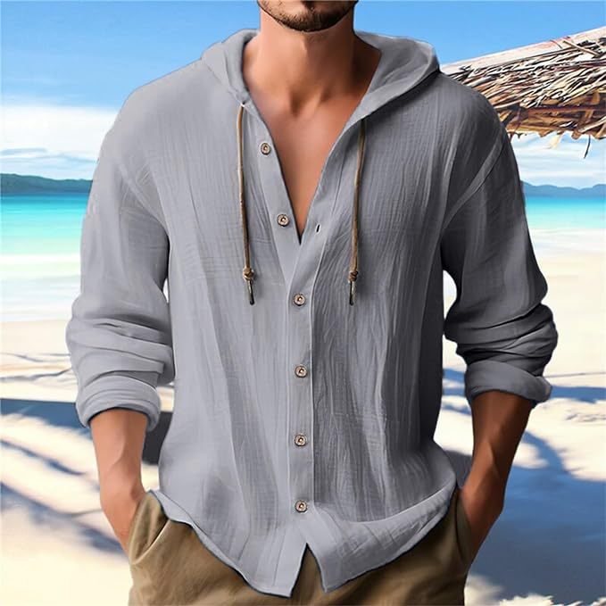 Men's hooded shirt in linen look with button placket and drawstring Mune Fashion