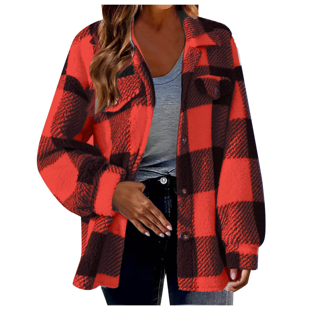 Women's cozy Sherpa check transitional jacket with chest pockets and generous oversized cut Mune Fashion