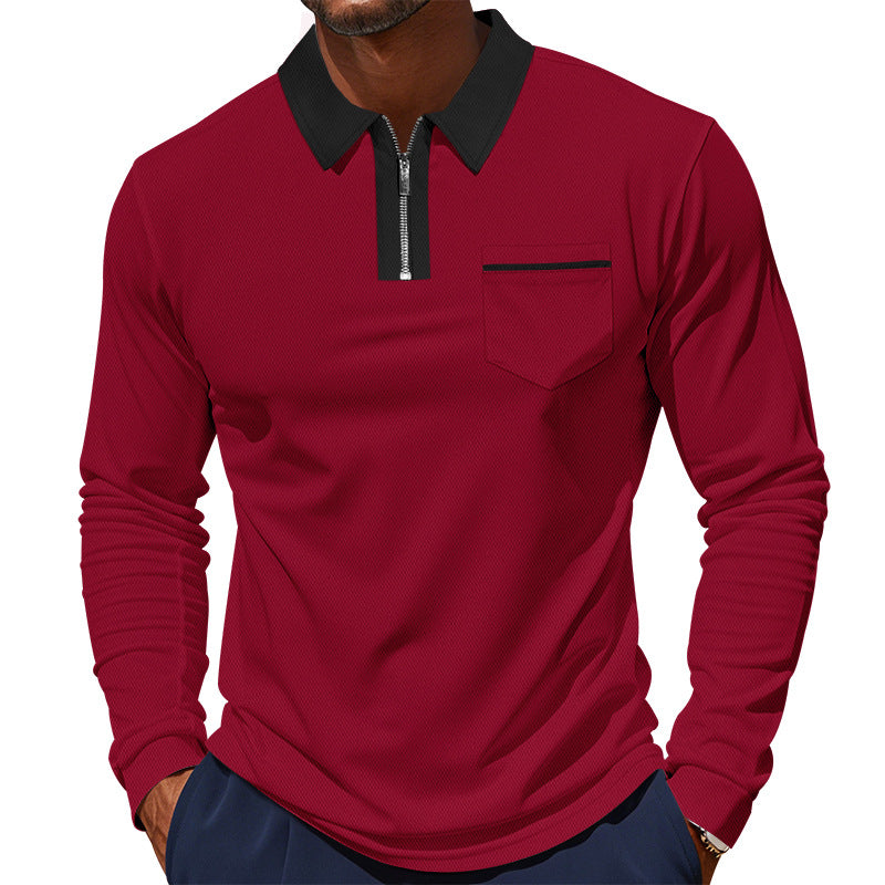 Men's elegant long-sleeve polo shirt with hidden half-zip, structured piqué look, and subtle chest pocket Mune Fashion