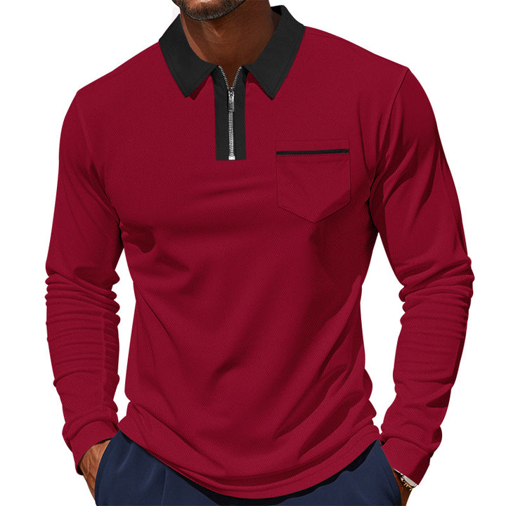 Men's elegant long-sleeve polo shirt with hidden half-zip, structured piqué look, and subtle chest pocket Mune Fashion