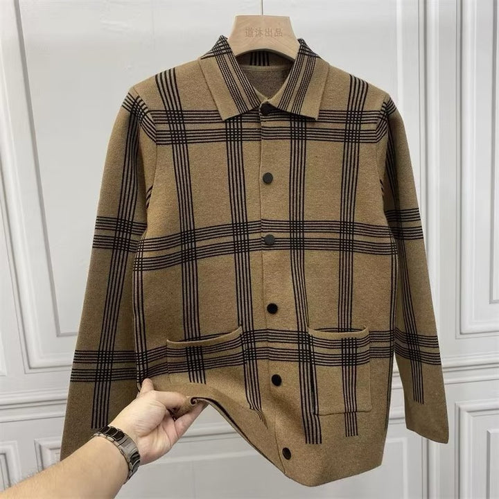 Men's Lightweight Knit Transitional Shirt Jacket with Check Pattern and Patch Pockets Mune Fashion