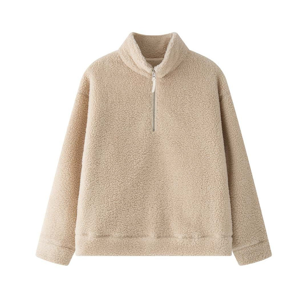Women's Cozy Sherpa Half-Zip Pullover with Stand-Up Collar Mune Fashion