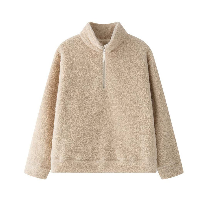 Women's Cozy Sherpa Half-Zip Pullover with Stand-Up Collar Mune Fashion