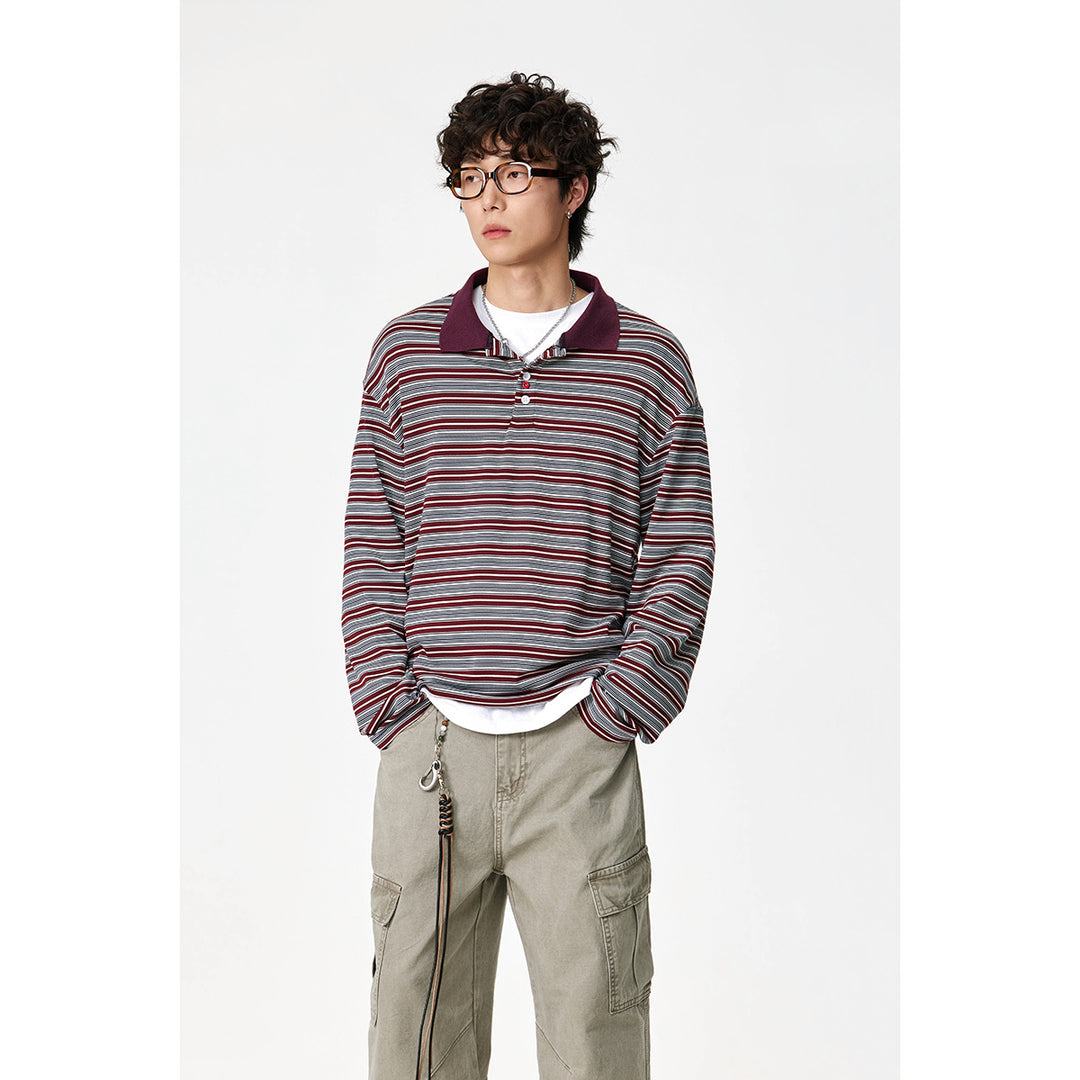 Unisex Classic Striped Long Sleeve Polo Shirt made of fine Ribbed Knitting with Kent Collar and Half Button Placket Mune Fashion