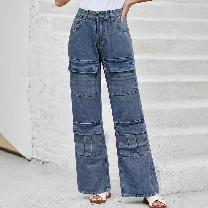 Women nan High-Waist Utility Denim Pants with applied knee patches, cargo pockets and wide flares Mune Fashion