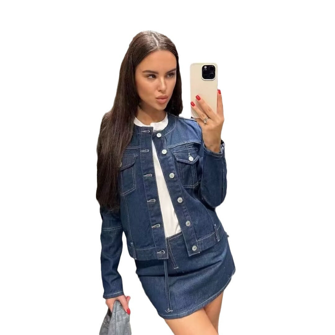 Women's Nan Lightweight Denim Jacket with Round Neck, Full Button Placket and Patch Chest Pockets Mune Fashion
