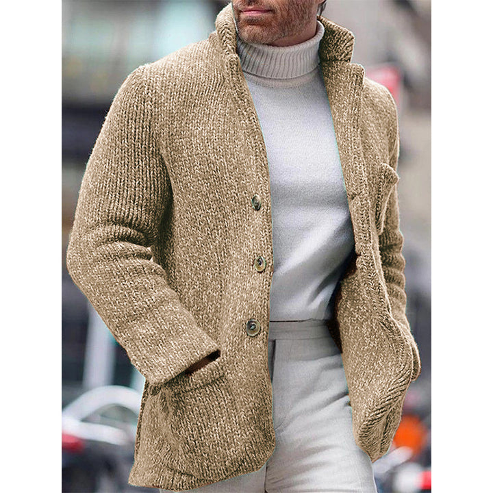 Men's chunky knit cardigan jacket with high stand-up collar and patched pockets Mune Fashion