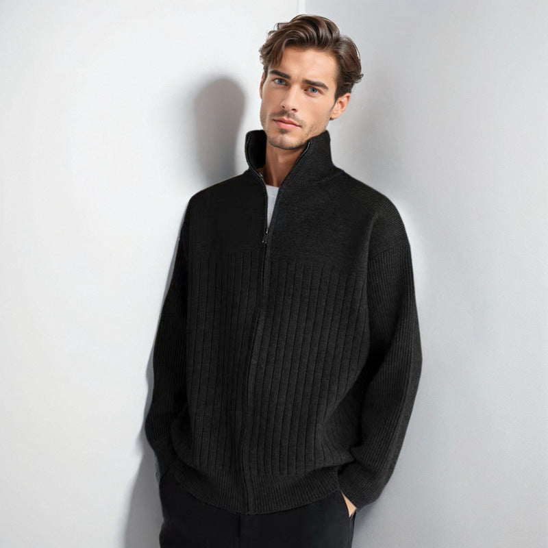 Men's Half-Zip Knit Sweater with High Stand Collar and Wide Rib Pattern Mune Fashion