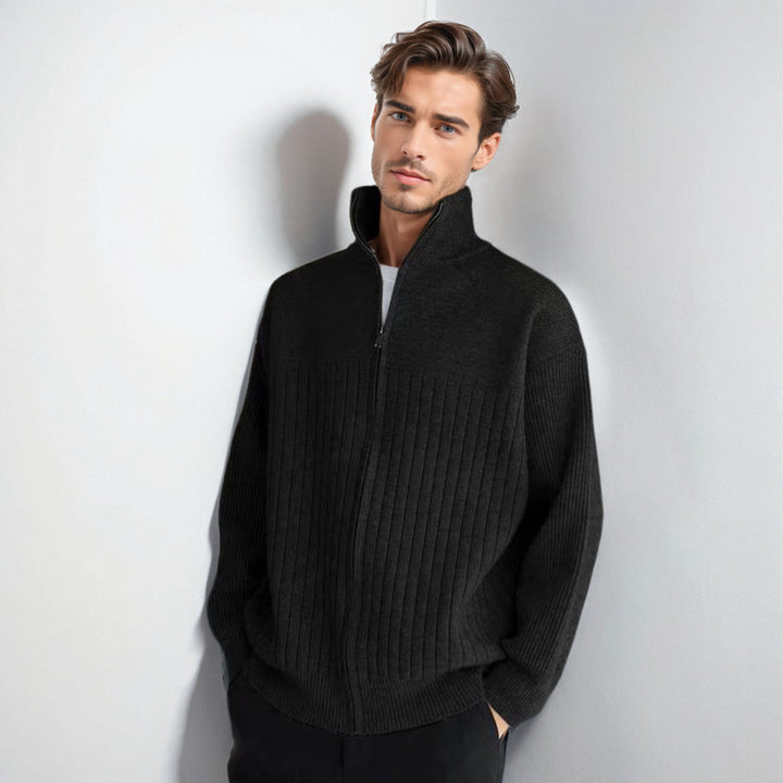 Men's Half-Zip Knit Sweater with High Stand Collar and Wide Rib Pattern Mune Fashion