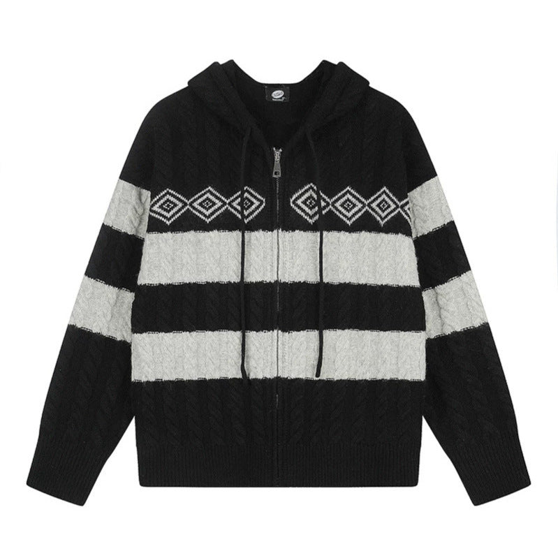 Women's chunky knit hooded cardigan with cable knit, block stripes, and full-length zipper Mune Fashion