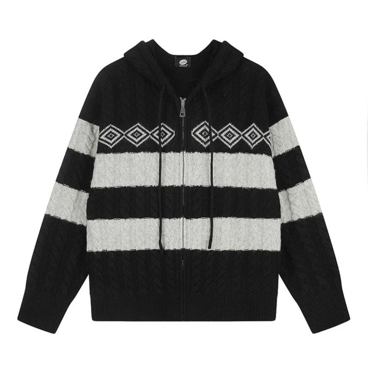 Women's chunky knit hooded cardigan with cable knit, block stripes, and full-length zipper Mune Fashion