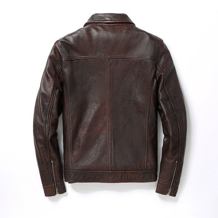 Men's leather jacket in worker style with chest pockets and continuous zipper Mune Fashion
