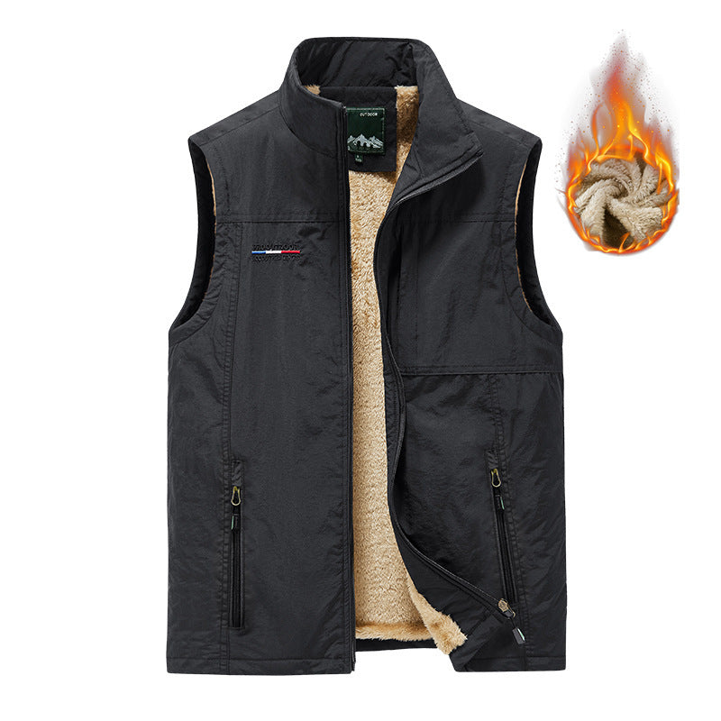 Men's Windproof Canvas Vest with Teddy Fleece Lining and Stand Collar Mune Fashion
