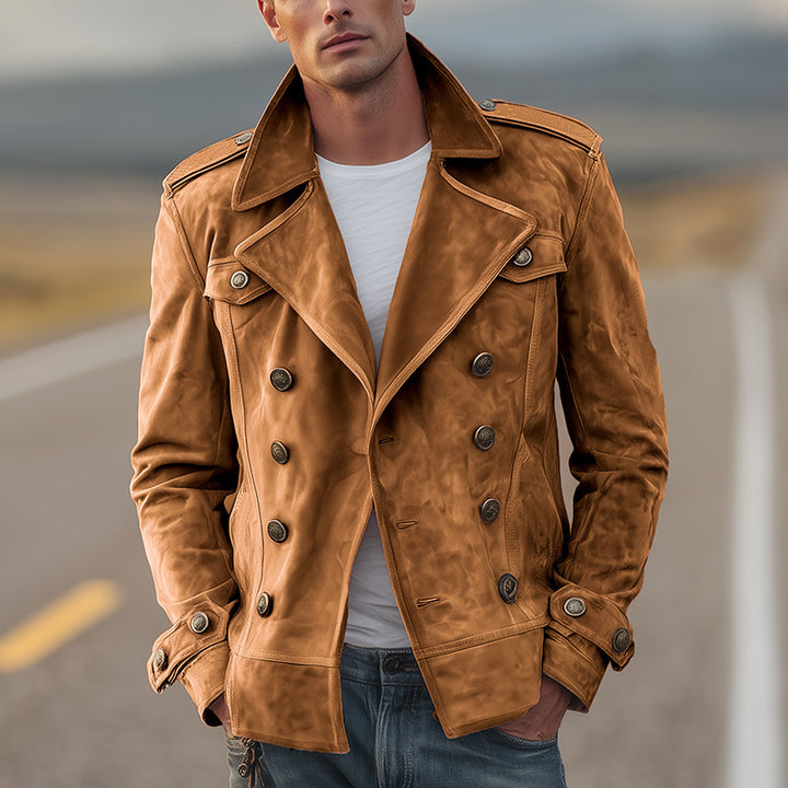 Men's Double-Breasted Suede Jacket in Aviator Style with Epaulettes Mune Fashion