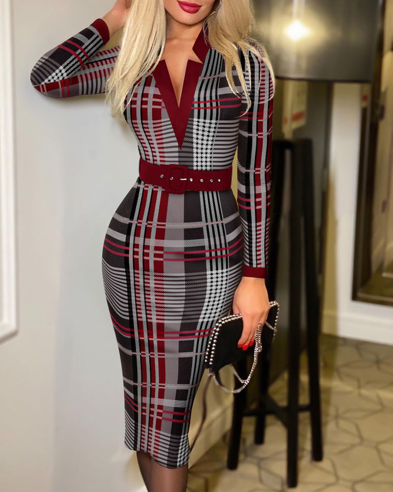 Women's Figure-Hugging Pencil Dress with Waist Belt and V-Neck Mune Fashion