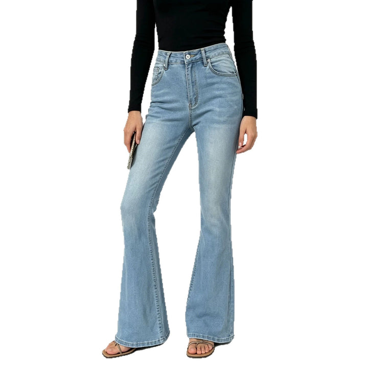 Ladies high-waisted jeans with a narrow hip area and wide flare with elastic waistband Mune Fashion