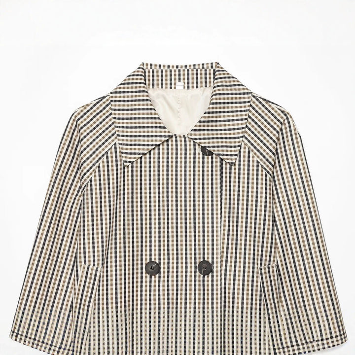 Women Short Tailored Double-Breasted Trench Coat with Check Pattern and Belt Mune Fashion