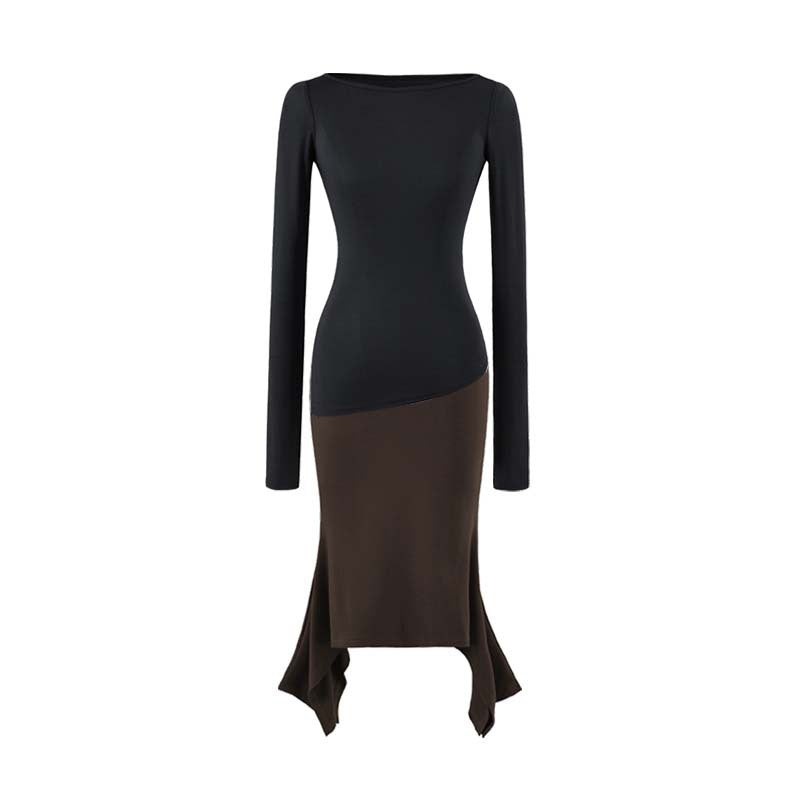Women Figure-Hugging Midi Dress with Asymmetrical Hem and Panel Design Mune Fashion