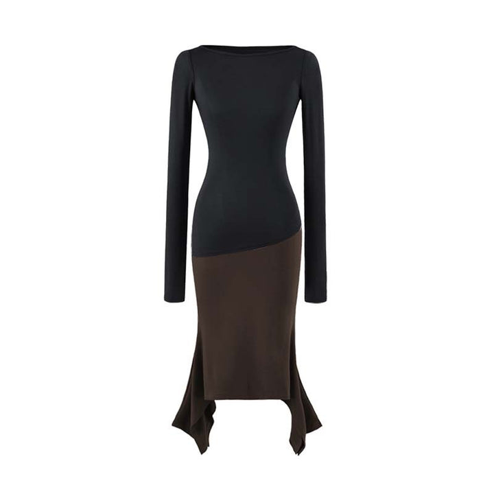 Women Figure-Hugging Midi Dress with Asymmetrical Hem and Panel Design Mune Fashion