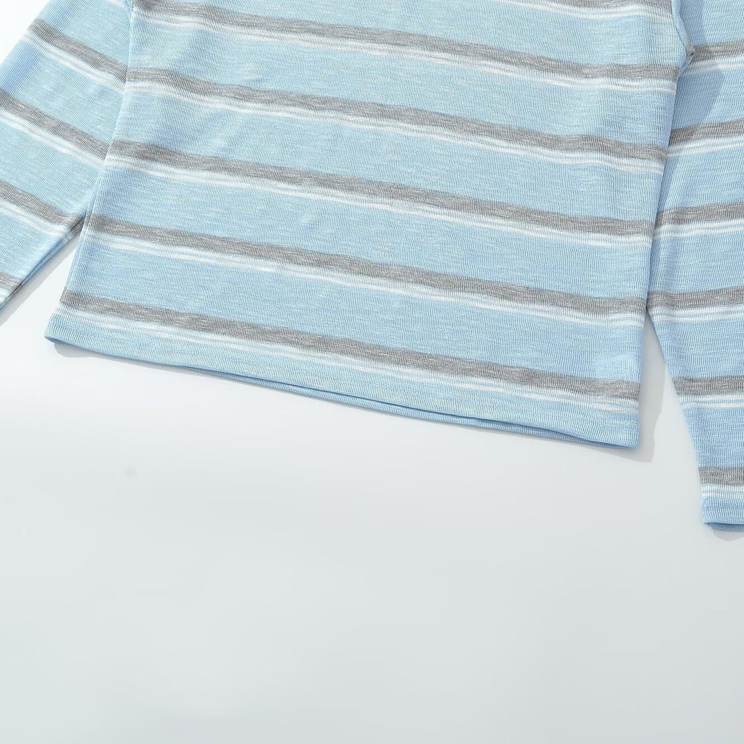 Men's knit polo shirt with open V-neck and fine stripe pattern Mune Fashion