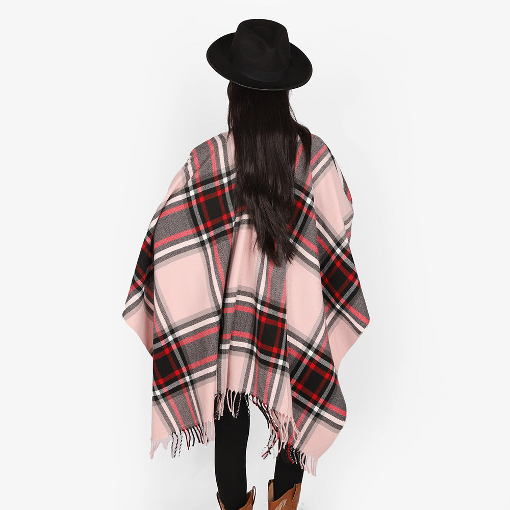 Women Checkered Oversized Throw Poncho with V-Neck and Fringed Hem Mune Fashion